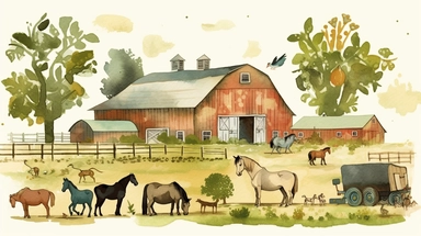 in clipart style, pen and ink, minimalist, in the style of Eric Carle, As you walk through the farm, you pass rows of bright green vegetables and vibrant fruit trees, each one ripe for the picking. The barn nearby houses a group of horses, their whinnies filling the air as they playfully gallop around their stalls.