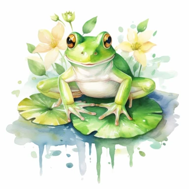 watercolor green frog on lily pad with flowers clipart, white background