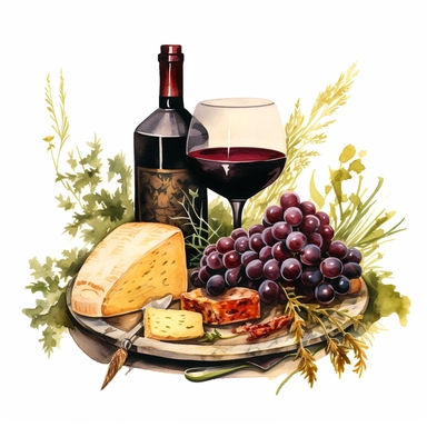 dark herbs on a plate and cheese and red wine in a beautiful vintage glass watercolor clipart