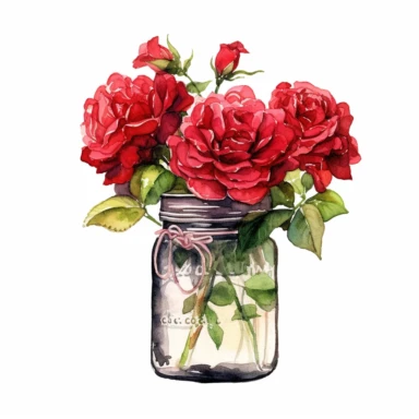 red roses, in mason jar, detailed, clip art, aquarelle, no text, white background