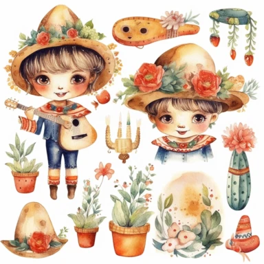Watercolor cinco de mayo decorations, illustrations clipart set, simple, soft colors, cartoon elements, different variants, mexican hat, sugar skulls, rose, little boy, little girl separate elements with a margin