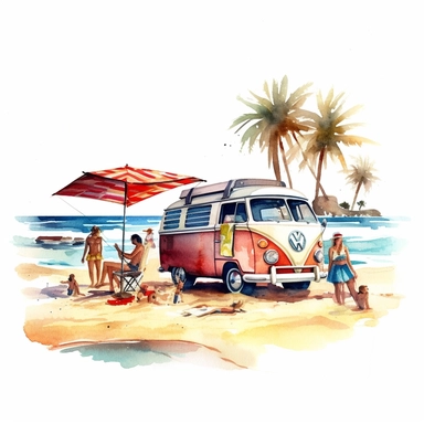 A beach party with surfboards, beach blankets, and people enjoying the sun and waves in their vintage swimsuits, VW T2 camper, american style, watercolor, clipart