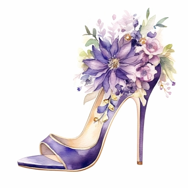 floral Wedding heels watercolor clipart, purple and gold, white background