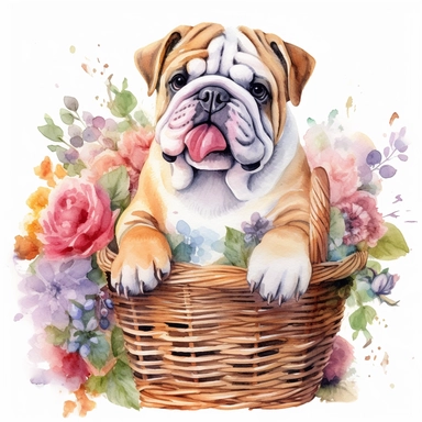 clipart watercolor, very cute english Bulldog puppy, sitting in a basket with flowers, full body, childlike, free brushwork, white background, high solution