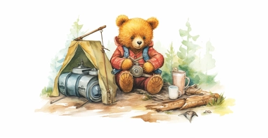 Adorable teddy bear on adventure, camping gear, forest, clipart, vivid colours, ornamental watercolor, white background, I can’t believe how beautiful this is