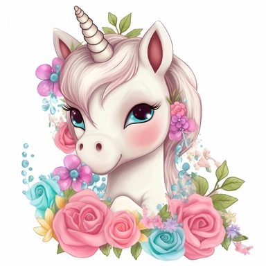 white background Clipart 3D cute painting of an adorable baby unicorn with big baby blue eyes shy little with roses pastel pinks roses and reds roses all around pastel colourful flowers vivid clear detailed roses pansies and lavender all around clipart detailed cartoon style cartoon of happy cute little tiger beautiful sparkling and pearls Clipart image shimmer and shells and starfish pastel flowers all around pastel light colors gorgeous hyper realistic big glass blue eyes for detail the hyper 