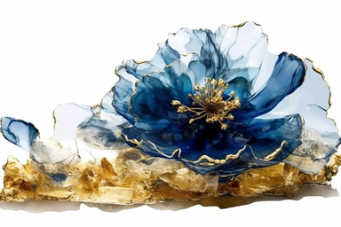 beautiful gorgeous alcohol ink of gold serene nature scene with a central focus on a navy flower. gentle wave , minimalist style, crystals, glam, glossy, glitter texture, liquid ink clipart, modern and stylish design, bright colors, 300 dpi, clear decoration, clear white background, highly detailed digital art, 8k