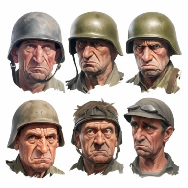 a clipart gallery of the faces of german soldiers from world war 2, wehrmacht, stahlhelm, photo realistic, white background, grim and stern face, in the style of a caricature, oil painting, 3/4 angle