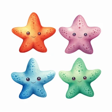 cute seastar in different colors, clipart, illustration by joe chou, white background