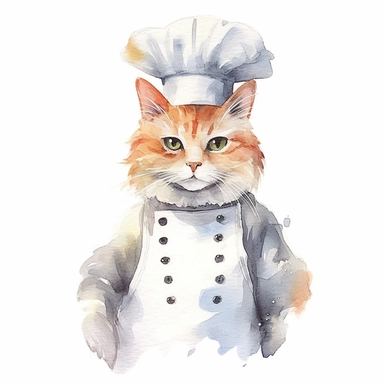 watercolor cat in chef outfit, white background, canvas, clip art
