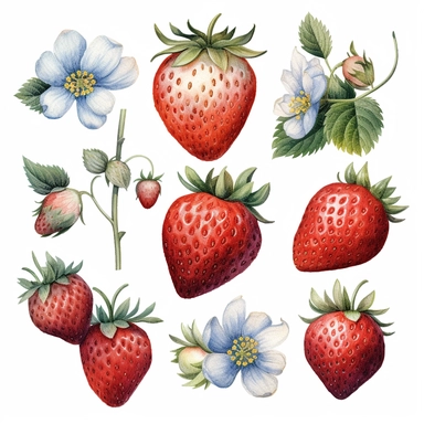 Strawberries watercolor clipart, white background, neutral muted colors, high quality, hyperrealistic, detailed, vintage, color palette red, blue, white, picnic