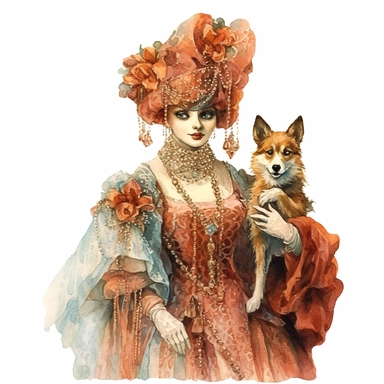 watercolor clipart ,Victorian masquerade Image of one woman dressed in elaborate masks and costumes attending a Victorian-style masquerade ball, holding a dog, single design, james christensen style,single object, print on demand image, PNG transparent background, white background for removing background - - no text shadow font watermark, 8k