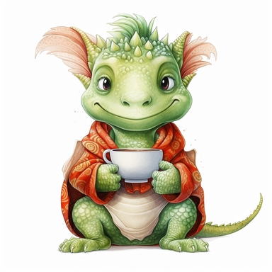 cute funny avocado green dragon, red cardigan, coffee, cute nursery painting, style by Lucy Fleming, watercolor, smooth gradients, black contour outline, ultra detailed, clipart elements, delicate pastel colors, solid white background, super clear, high quality