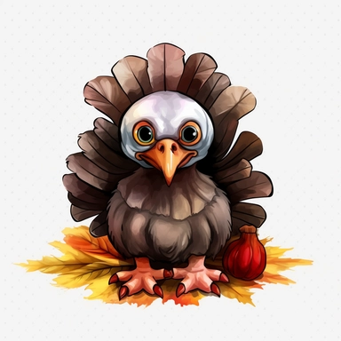 watercolor, Turkeys big eye kawaii png Full body realistic cartoon in 32K UHD ,cute. 15 cm thick outline. Black color. There was no shadow on the ground. 8K with realistic watercolors and detailed illustrations. PNG clipart, transparent white background