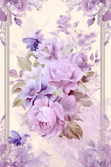 vintage shabby damask narrow floral clipart vignette along the sides and the corners of the picture, little cute bright oil painting style blooming lilac vignette, soff pastel blank center of the picture,