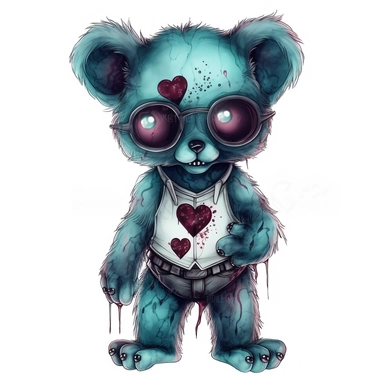 Hand drawn zombie stuffed bear, glowing eyes, heart stitched on chest cutesy goth, shades of teal and burgundy, glamorous, Halloween, full body, very detailed and realistic, watercolor, white background with margins, clipart style