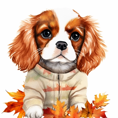 create a beautiful original high quality highly detailed watercolor clipart illustration of a small and adorable king charles cavalier puppy looking up at you with loving eyes celebrating Thanksgiving day wearing a cute Thanksgiving autumn sweater in a thanksgiving setting, include high detail to the puppys fur, disney portrait style, white background, no text, no font, no words