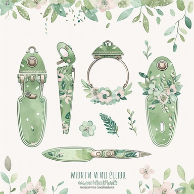 nail clipper clipart , isolated on paper texture background, simple, cute green colors, boho, baby shower, 8K, high resolution, boho style, watercolor by Zhou Wenjing style+by chonnieartwork style