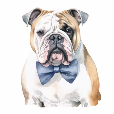 Bulldog wearing a stylish bowtie, exuding elegance and charm, white background, watercolor clipart