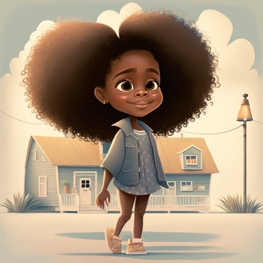 pixar illustration of Sag Harbor town , An illustration of fiver year old light skin happy black girl with curly afro, arriving in sag harbor ,standing in from of traditional home,from the community's stunning Sunset Beach, east hampton , summer vaction, beach town , summer days , muted tones , shy warm heart , pixar , hyper detailed , smooth skin realistic animated — Happy Black Girl Smiling art,black girlsclipart, Funny black girl , Cheerful african american girl child png, clipart, afro ,Full
