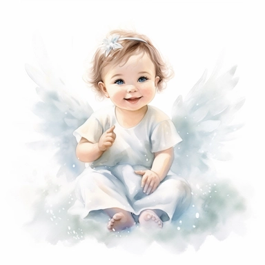 enchanting watercolor image, full body adorable newborn baby angel girl on white background, she is sitting on a cloud in pastel color dress and smiling gently. She has sparkling eyes twinkled with wonder and brown hair, professional watercolor clipart, high resolution