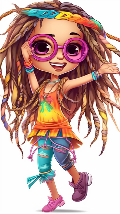 cute cool girl dancing with wild colorful dreadlocks, chibi style, jewelry, hip hop clothing, clipart, whole body, beach background,