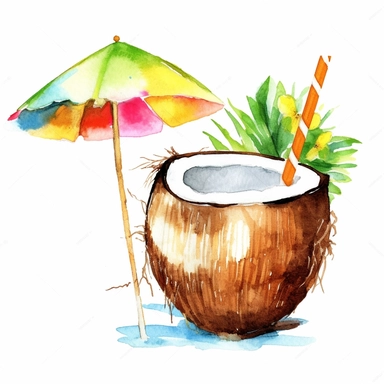 coconut coctail drink, with flower in the drink, with umbrella, with flower, watercolour clipart, emoji illustration, summer, white background, animated shape, white background