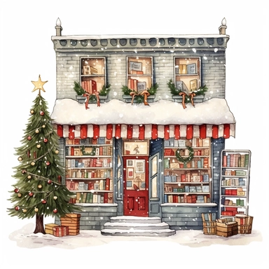 Christmas Bookstore Storefront Clipart , create a Christmas tree near the entrance, decorated with literary-themed ornaments like miniature books or quill pens. Create cozy reading corners with holiday-themed cushions and blankets. Hang paper snowflakes or book-related quotes from the ceiling. single object ,hand drawn illustration, no shadow, cozy ,soft color , warm ,white background with margins, hand drawn illustration,highly detailed ,white background for removing background