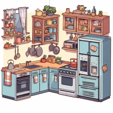 clipart a kitchen with all the different appliences and furniture yo can find in a kitchen.