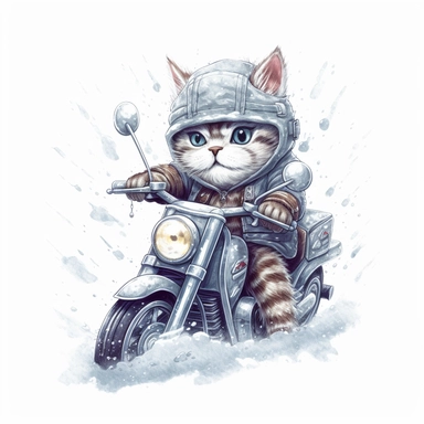 Draw a series of cliparts showing a cat riding a motorcycle through different weather conditions, such as rain or snow. Low detail. White background, soft lighting. In the style of Bob Ross