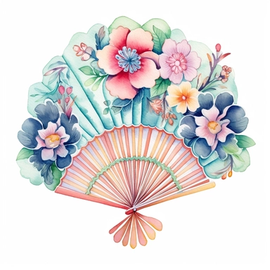 A cute one Japanese Folding Fan, decorate with japanese motifs, watercolor Sublimation graphics, hand drawn illustration by katie daisy, Watercolor clipart, single design, single object, print on demand image, PNG transparent background, white background for removing background - - no text shadow font watermark, 8k