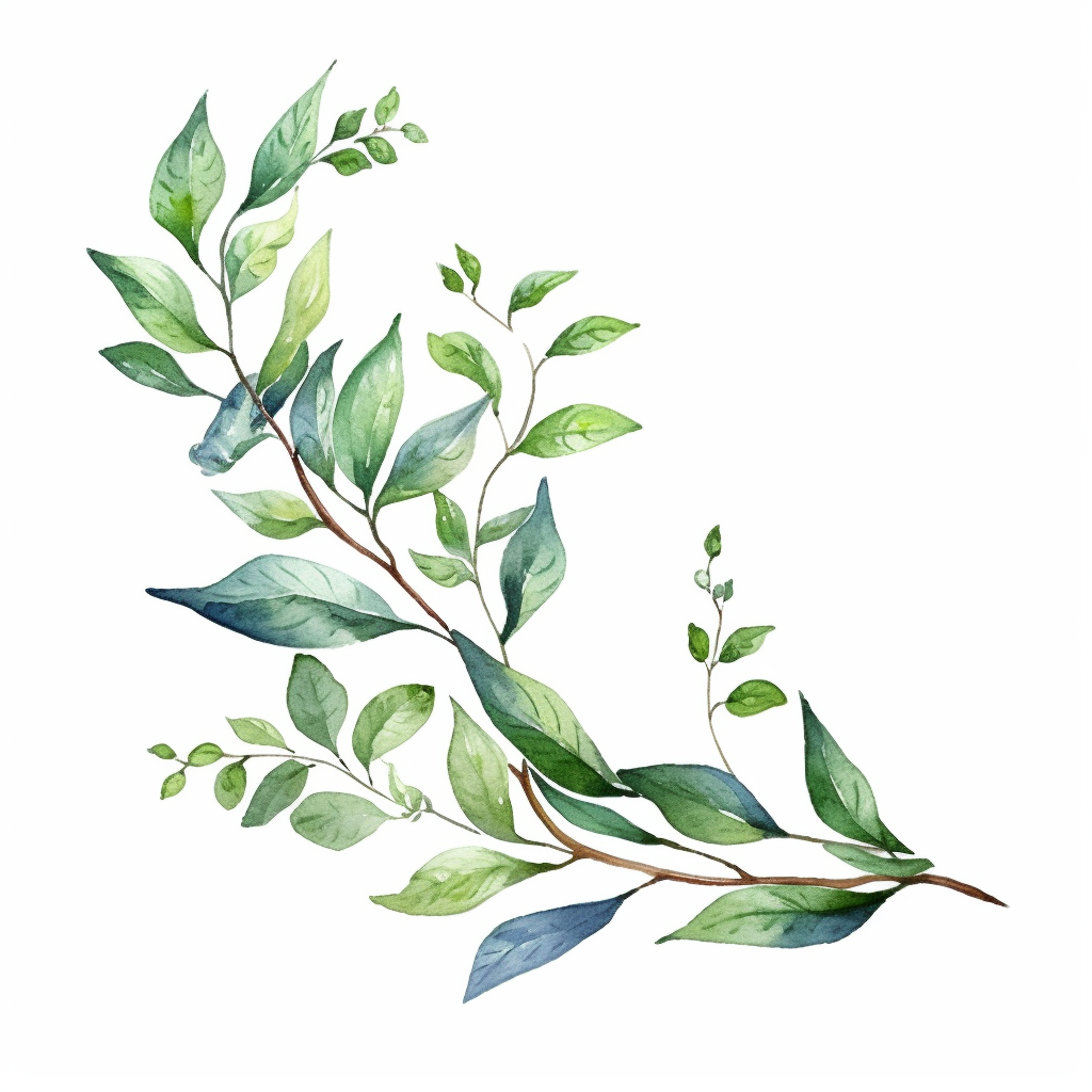 Long Leafy Branch, Greenery Watercolor, Clipart, White Background 