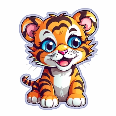 clip art sticker, cheerful tiger, vibrant, on white background