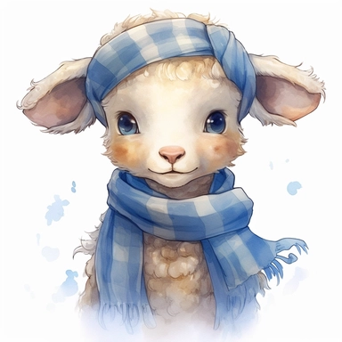 lamb with blue scarf, Watercolor Clipart,comic, strybk, full Illustration, 4k, sharp focus, watercolor, smooth soft skin, symmetrical, soft lighting, detailed face, concept art, muted colors, watercolor style, strybk, children's style fairy tales, chibi kawaii, . Octane rendering, 3d. Perfect face, detailed face, delicate face, perfect sharp lips, detailed eyes. Craig Davison, Aubrey Beardsley, Conrad Roset, Aikut Aidogdu, Agnes Cecil, watercolor style