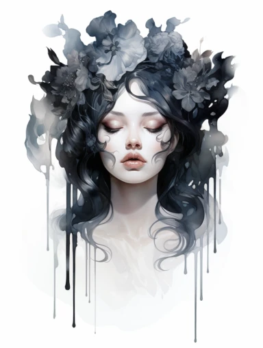 Ink outlines, Alcohol ink wash, goddess solarium, Timeless voyage, gothic style, breathtaking portrait, 12k, modern clarity, sticker art, clipart png, digital painting, WHITE BACKGROUND, ultra details,