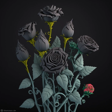 dozen roses with very thorny stems clipart in slyle of cute goth clay cartoon, sharp 3d art illustration, gloomy pastels, simple, black background, 8k