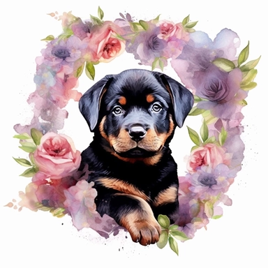 watercolor realistic rottweiler puppy clipart in a floral frame with transparent background