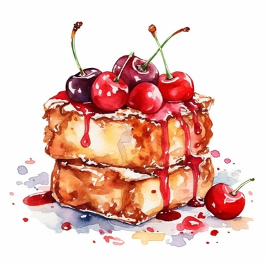 a watercolor cherry Rhubarb Stuffed French Toast desserts clipart, hd, on white background, spaced out