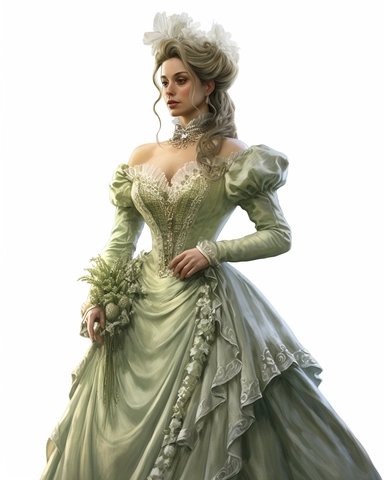 detailed beautiful lady , dressed in a sage victorian vintage dress on a party, hyper realistic, 8k, isolated on white backgorund, clipart