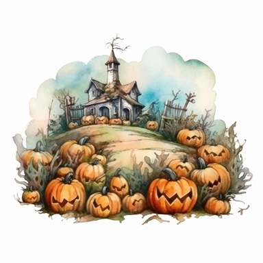 picturesque scene, watercolor and ink style, zombie pumpkin patch, clipart on plain white background, Halloween vibes, super scary cute in high detail ultra precision 16k HD, clean crisp brushwork, painted by Beatrix Potter