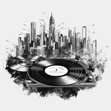 black and white t-shirt designs for Dj Bojkot vector sample with turntable , vinyl records, Los Angeles California backgrund white transparent clipart