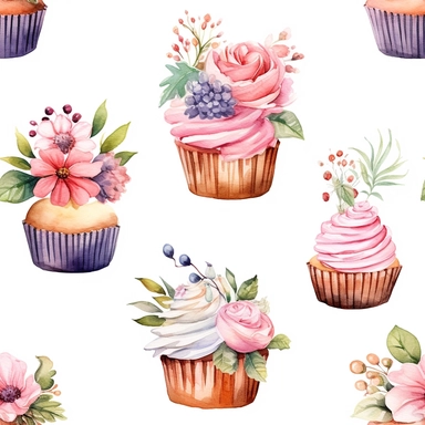 Draw a watercolor-style clip art images that feature objects related to an aesthetic adorned with floral designs. The images should have aesthetic, and should incorporate elements such as watercolor [gold] cupcake item collection, isolated on a white background, gourmet, classy, simple, graphics, clipart, procreate, 8k, 3D, realistic ipated with floral leaf designs, in the style of organic forms, muted tones, victorian-inspired illustrations, taxidermy, intricate patterns and details, ingrid baa