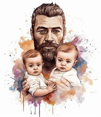 DESIGN A MAGNIFICENT AND EXQUISITE BREATHTAKING ONE-OF-A-KIND HIGH QUALITY HIGHLY DETAILED MASTERPIECE WATERCOLOR CLIPART ILLUSTRATION OF A father holding two babies, in the style of realistic watercolor paintings, digital art techniques, sketchfab, realistic perspective, animated gifs, photo-realistic, persian miniature, ULTRA REALISTIC, WHITE BACKGROUND, NO FONT, NO TEXT, NO WORDS, NO WATERMARK