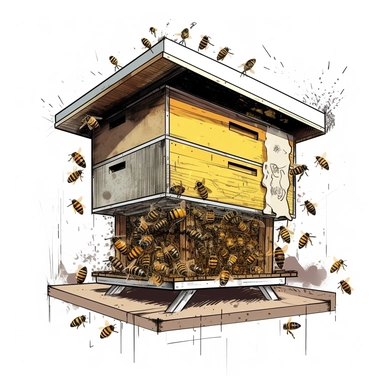 A close-up view of a modern Langstroth hive, showcasing its modular design and bees entering or exiting through the hive's entrances. (Digital drawing clipart, image black border color, full body, flat texture, transparent background)