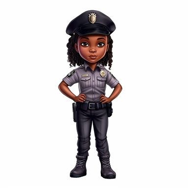 Cool cute black kid police, full torso and head, cool police clothes, female black girl, watercolor style, clipart solid white background