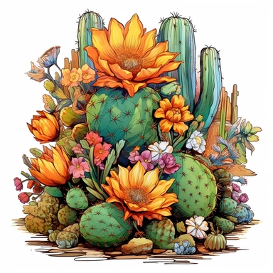 Arizona cactus with flowers and fruits, watercolor, in the style of dan mumford, desert colors , arizona symbolism, dry and colorful, transparent layers, rounded, green and colorful, clipart, white background, high detail, individual elements, fruit ornaments, flower ornaments, arizona punk--ar 1:1