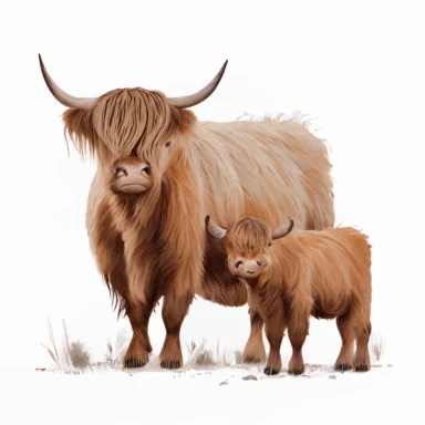 clipart style highland cow with her child intimately stand together
