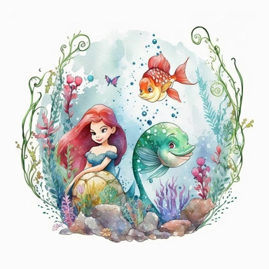 watercolor Ariel and Flounder from little mermaid fairy tale, bubbles and underwater plants, clipart, white background, by Disney