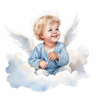 delightful watercolor image, full body adorable newborn baby angel boy on white background, she is sitting on a cloud in blue shirt and smiling gently. He has sparkling blue eyes twinkled with wonder and blond curls on her head, professional watercolor clipart, high resolution