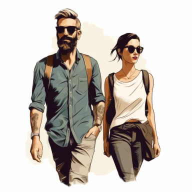 simple clipart of an attractive hipster couple, both slim, the man with a beard, the girl with short blue hair, both wearing sunglasses, walking toward the viewer, similar to the iconic image used on the J. Peterman catalog, make the image so it is oval, like an icon type image
